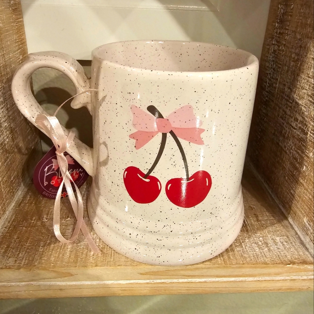 Bloom Pottery - Cherry Hearts Valentine Pink Bow Speckled Mug